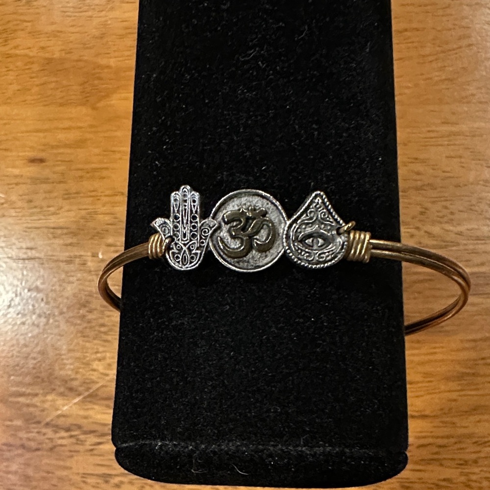 Copper and Silver Symbolic Bracelet. Namaste, Hamsa, Evil Eye.